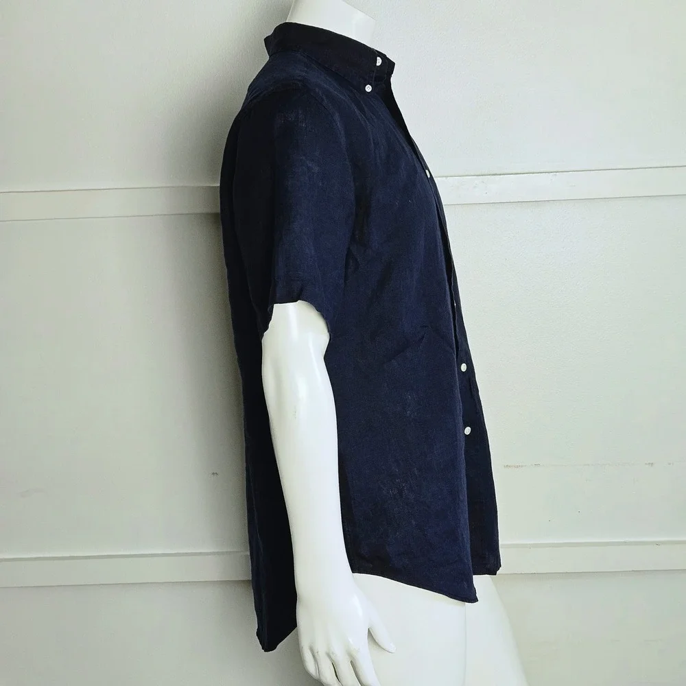 Polo Ralph Lauren Mens Navy Blue 100% Linen Short Sleeve Button Down Shirt L